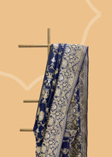 A navy blue oriental inspired woven saree in gold silver ektaara weave.. Shop the best collection of authentic, handwoven, pure benarasi sarees with Roliana New Delhi