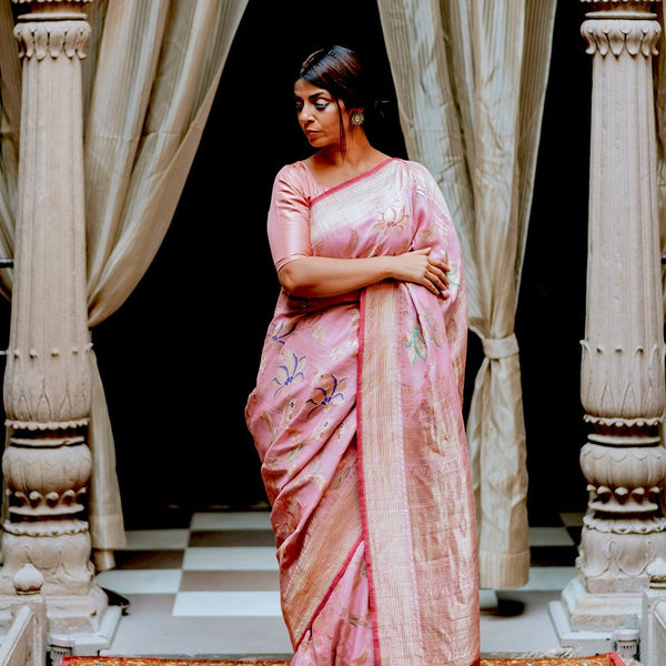 Pink Meenakari Tussar Silk Handwoven Saree, Roliana Weaves Best Online shop for pure banarasi silk sarees