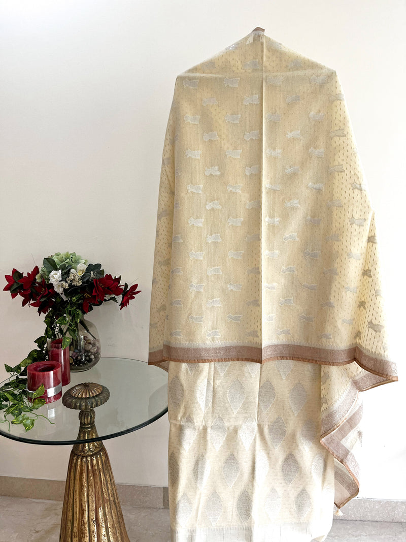 Chanderi suit sets with woven bootis on kurta and dupatta by Roliana Weaves banaras
