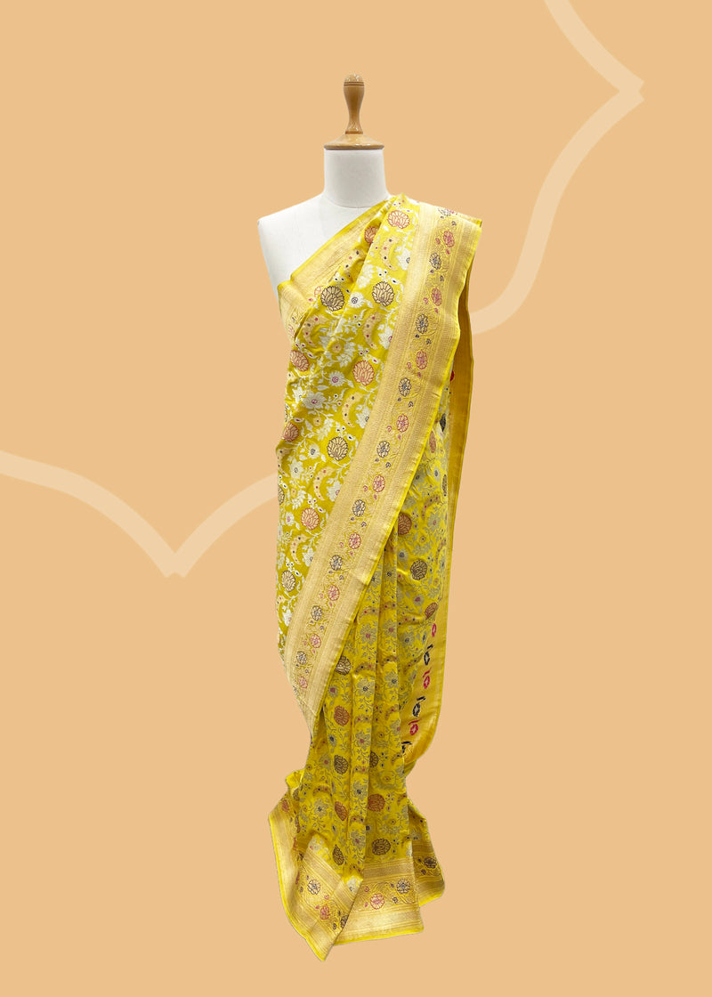 Yellow ektaara weave pure banarasi silk saree. Shop the best collection of authentic, handwoven, pure benarasi sarees with Roliana New Delhi
