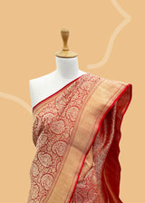Red Benarasi brocade saree. Shop the best collection of authentic, handwoven, pure benarasi sarees with Roliana New Delhi