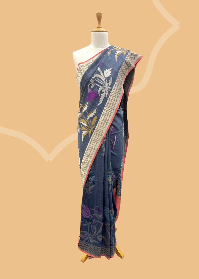 Banarasi saree in tussar georgette in grey colour with meenakari by Roliana. Shop the best collection of authentic, handwoven, pure benarasi sarees with Roliana New Delhi