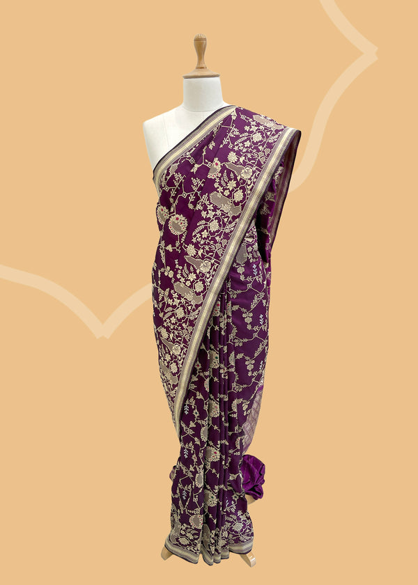 Purple Katan Silk Ektara weave oriental motiff pure Banarasi sari. Shop the best collection of authentic, handwoven, pure benarasi sarees with Roliana New Delhi
