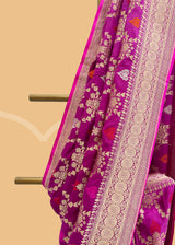 Pink purple saree with French trellis weave in gold zari and silver and red meenakari bootis. Shop the best collection of authentic, handwoven, pure benarasi sarees with Roliana New Delhi