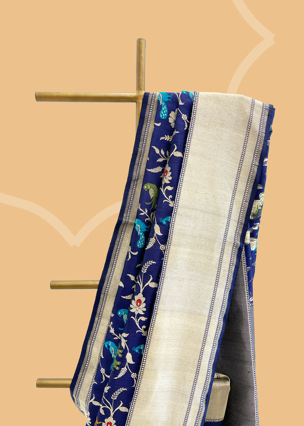 Blue Shikargah Jaal Silk Benarasi Saree with meenakari Shop the best collection of authentic, handwoven, pure benarasi sarees with Roliana New Delhi