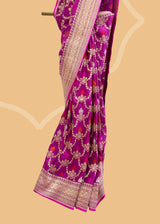 Pink purple saree with French trellis weave in gold zari and silver and red meenakari bootis. Shop the best collection of authentic, handwoven, pure benarasi sarees with Roliana New Delhi