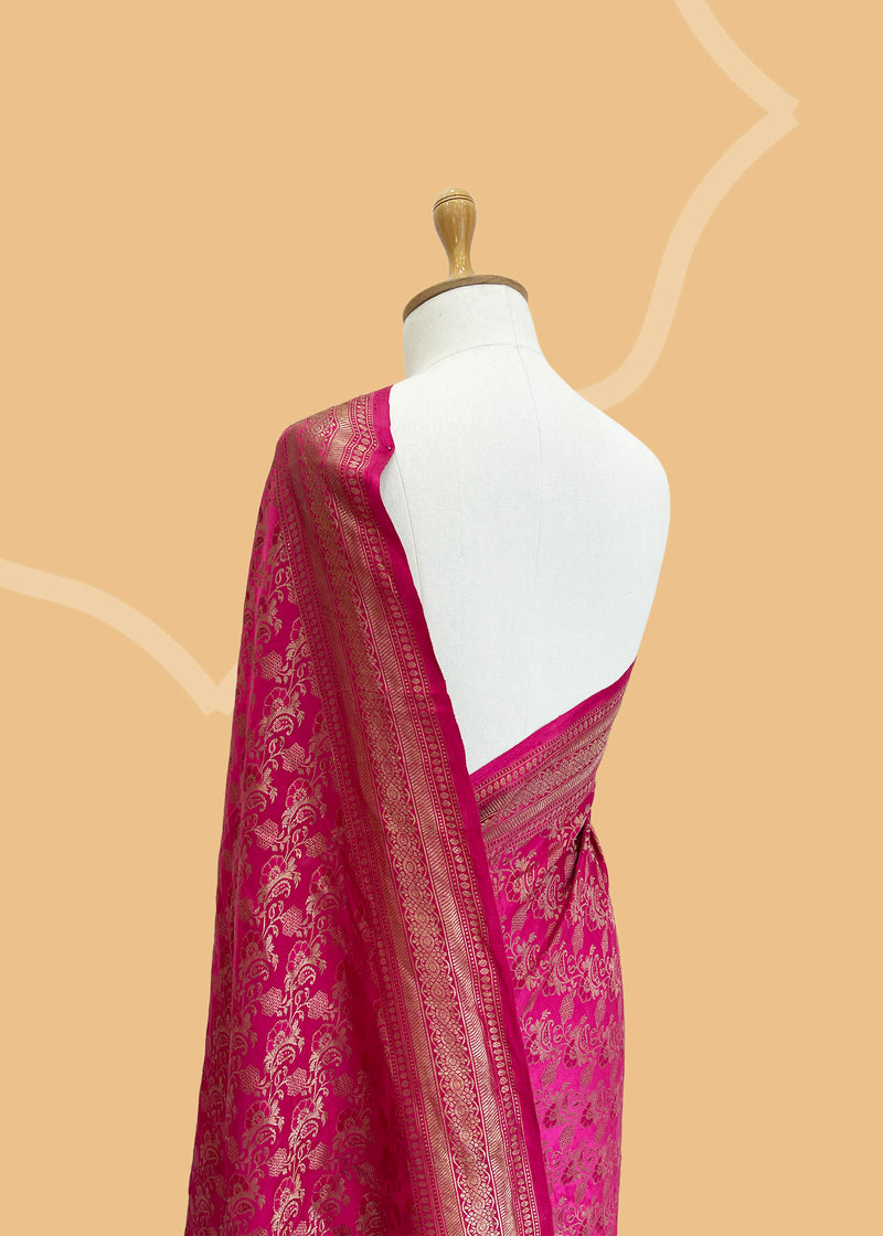 A tanchoi woven saree in satin silk with all over jaal in a bright pink colour, Shop the best collection of authentic, handwoven, pure benarasi sarees with Roliana New Delhi
