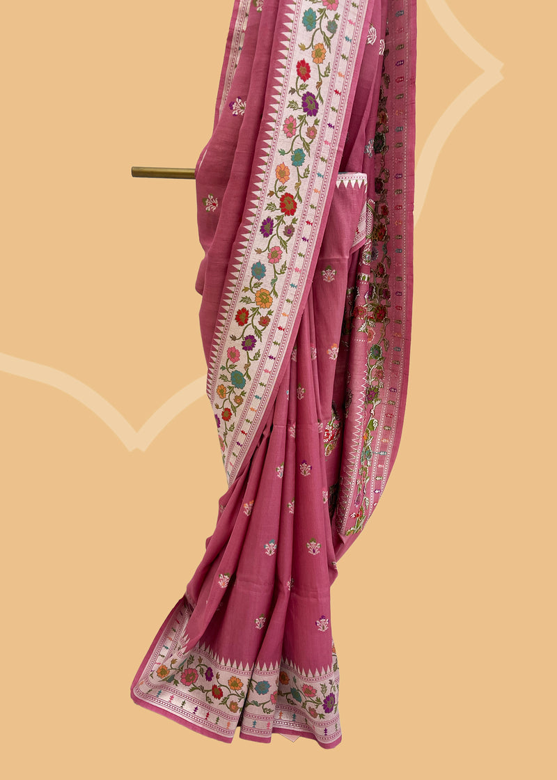pink tussar georgette saree with silver bootis and a meenakari paithani style border and pallu. Shop the best collection of authentic, handwoven, pure benarasi sarees with Roliana New Delhi
