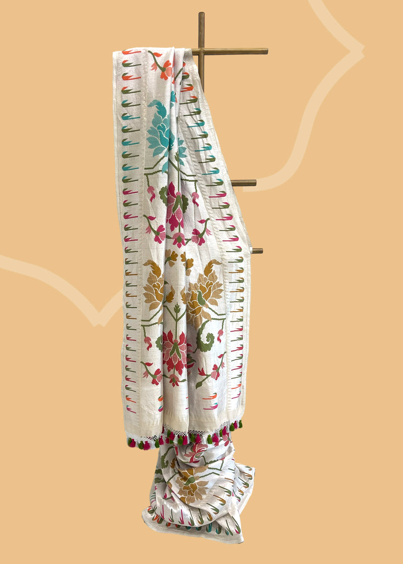 A silver tissue Georgette paithani all over woven saree in multicoloured weave . pure Banarasi Sari Shop the best collection of authentic, handwoven, pure benarasi sarees with Roliana New Delhi