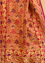 Red kadhwa jaal brocade saree with traditional iktaara jaal and meenakari anaar bootis all over. Shop the best collection of authentic, handwoven, pure benarasi sarees with Roliana New Delhi