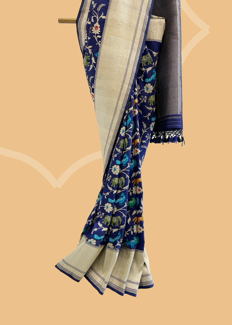 Blue Shikargah Jaal Silk Benarasi Saree with meenakari Shop the best collection of authentic, handwoven, pure benarasi sarees with Roliana New Delhi