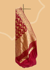 A blush of red jangla weave saree in ektaara silk with delicate meenakari work in a soft drapy silk pure Banarasi Sari Shop the best collection of authentic, handwoven, pure benarasi sarees with Roliana New Delhi