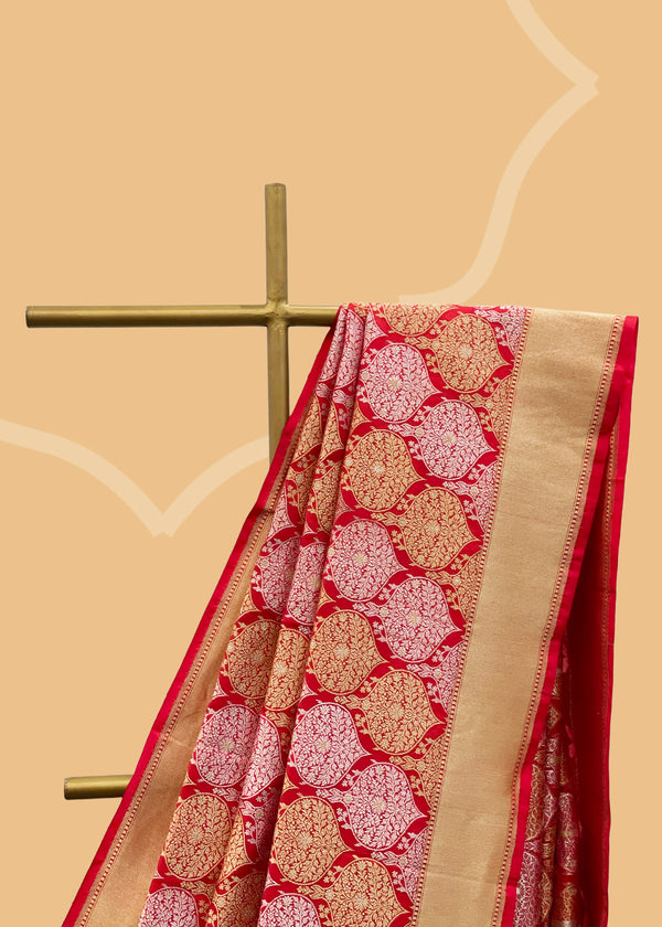 Red bridal pure banarasi silk saree. Shop the best collection of authentic, handwoven, pure benarasi sarees with Roliana New Delhi