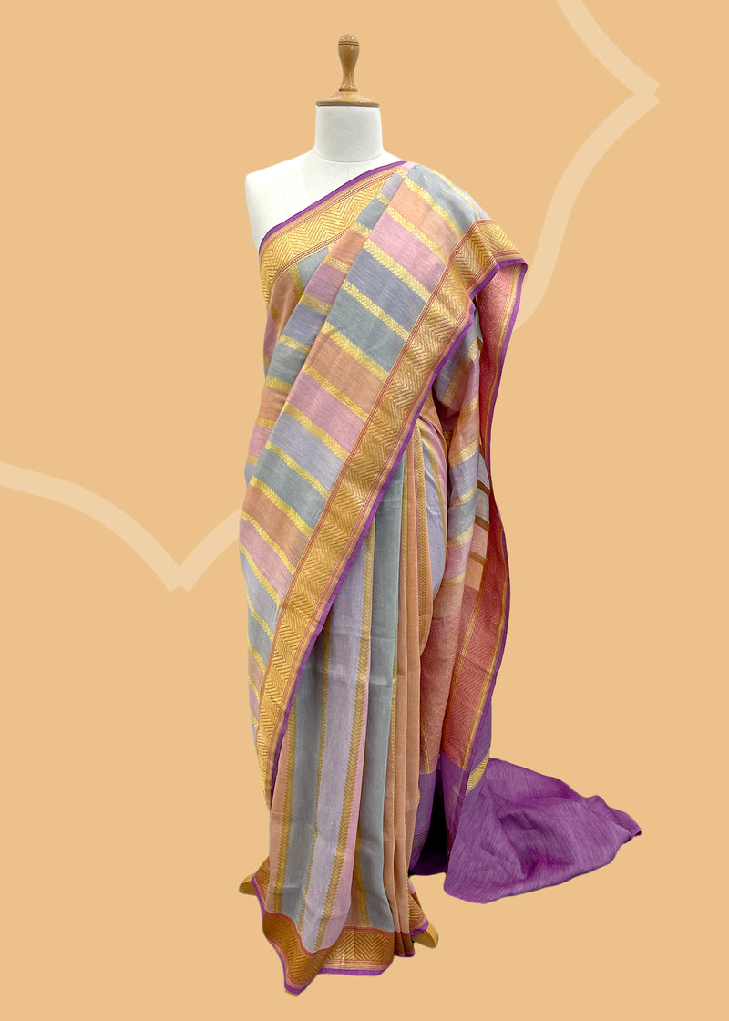 Peach Hand painted and handwoven pure linen georgette Banarasi Saree by Roliana Delhi 