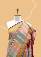 Peach Hand painted and handwoven pure linen georgette Banarasi Saree by Roliana Delhi 