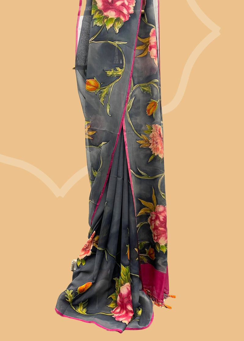 Pure Chiffon summer benarasi saree in shades of black and grey with handpainted flowers.  Shop the best collection of authentic, handwoven, pure benarasi sarees with Roliana New Delhi