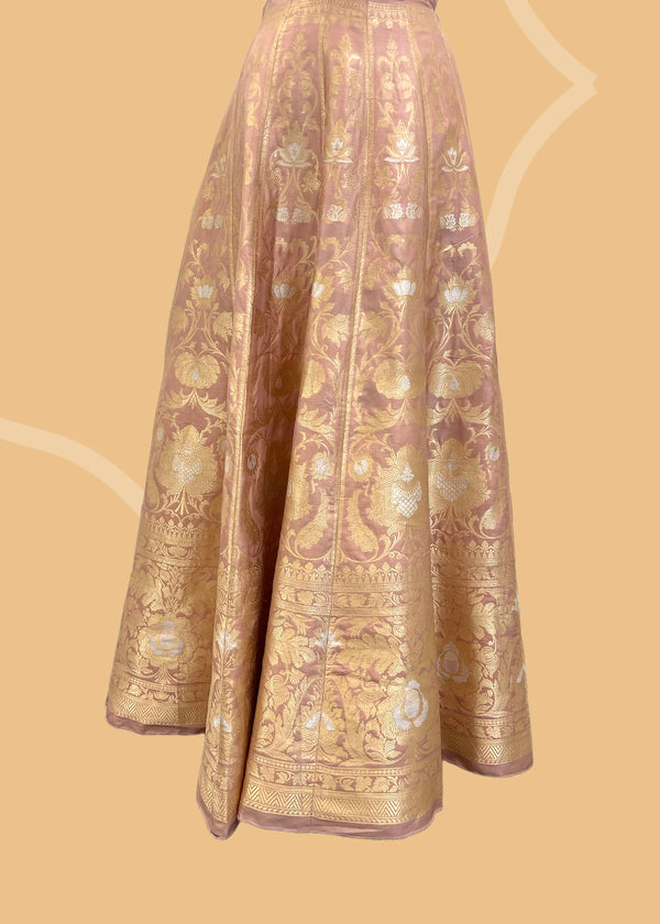 Blush Pink and Gold Pure Silk Banarasi Lehenga by Roliana