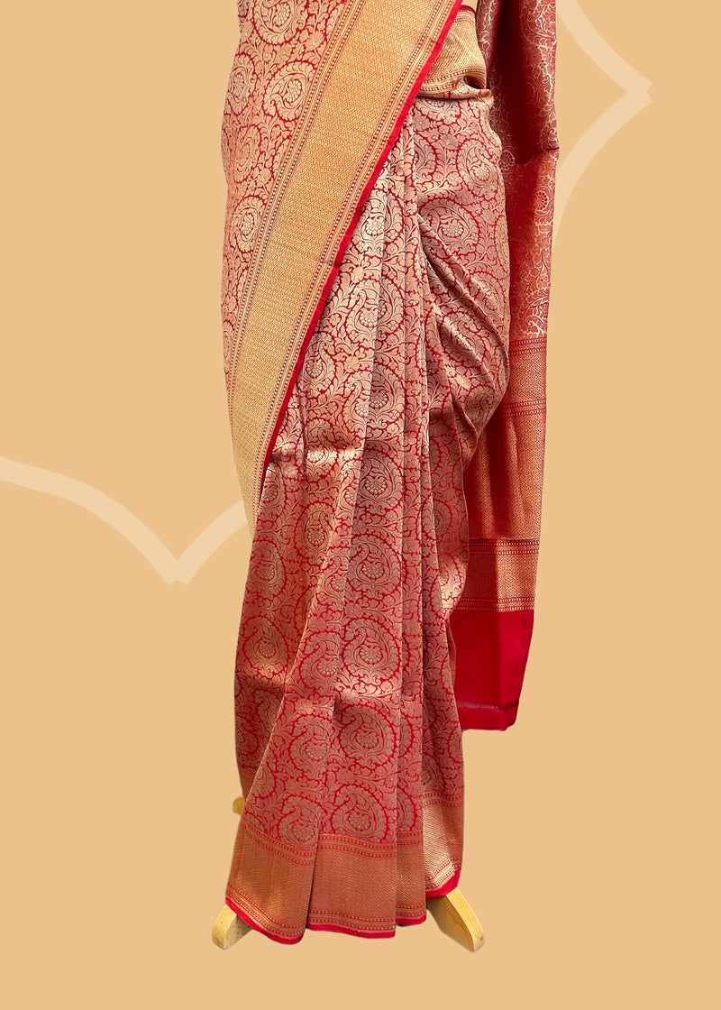 Red Benarasi brocade saree. Shop the best collection of authentic, handwoven, pure benarasi sarees with Roliana New Delhi