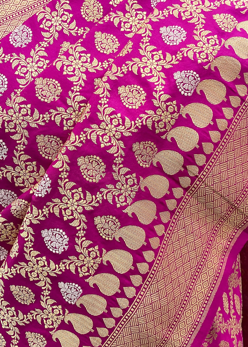 Rani Pink bridal pure banarasi silk saree. Shop the best collection of authentic, handwoven, pure benarasi sarees with Roliana New Delhi