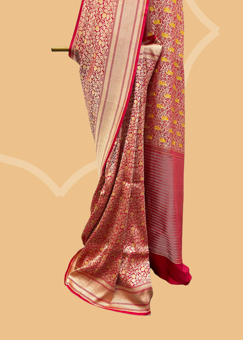 Red gajji silk pure banarasi saree. Shop the best collection of authentic, handwoven, pure benarasi sarees with Roliana New Delhi