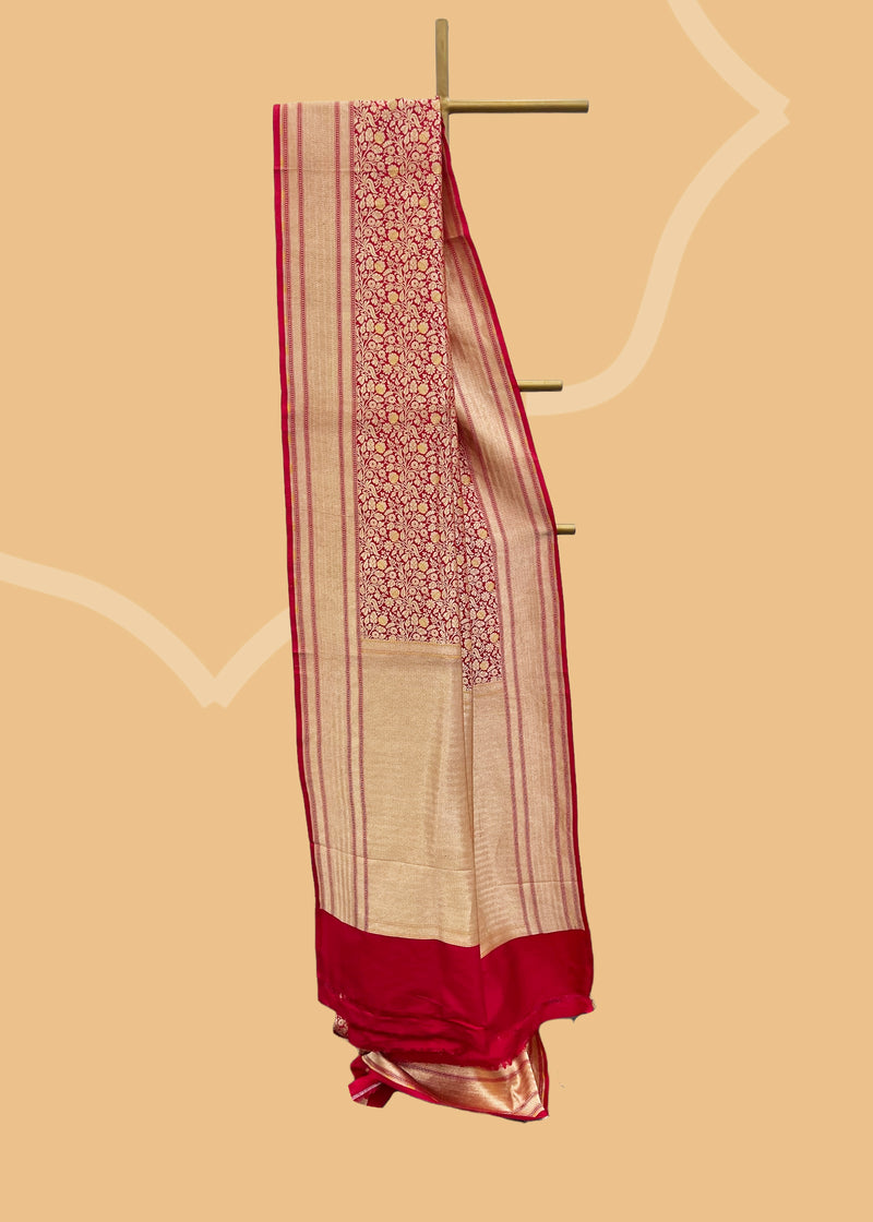 Red gajji silk pure banarasi saree. Shop the best collection of authentic, handwoven, pure benarasi sarees with Roliana New Delhi