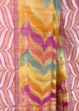 An exclusive rangkat handpainted saree in tussar georgette with woven zari aarhi stripes in beautiful shades. Shop the best collection of authentic, handwoven, pure benarasi sarees with Roliana New Delhi