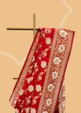 Red ektaara silk sona rupa pure banarasi handwoven saree by Roliana. Shop the best collection of authentic, handwoven, pure benarasi sarees with Roliana New Delhi