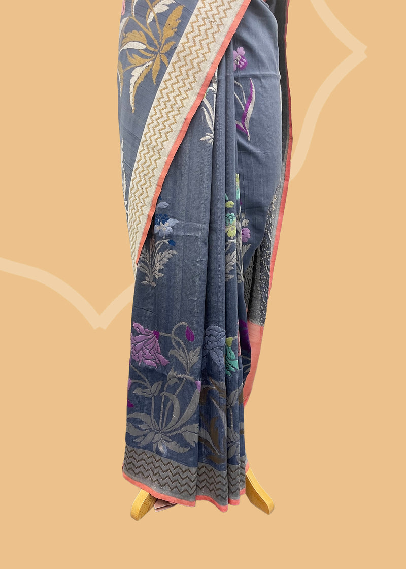 Banarasi saree in tussar georgette in grey colour with meenakari by Roliana. Shop the best collection of authentic, handwoven, pure benarasi sarees with Roliana New Delhi
