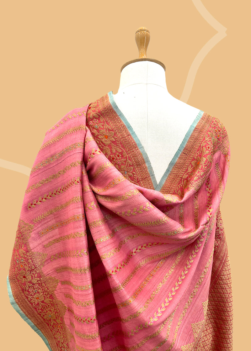 Pure Banarasi handwoven Tussar georgette salmon pink saree with woven stripes in intricate zari by Roliana Delhi