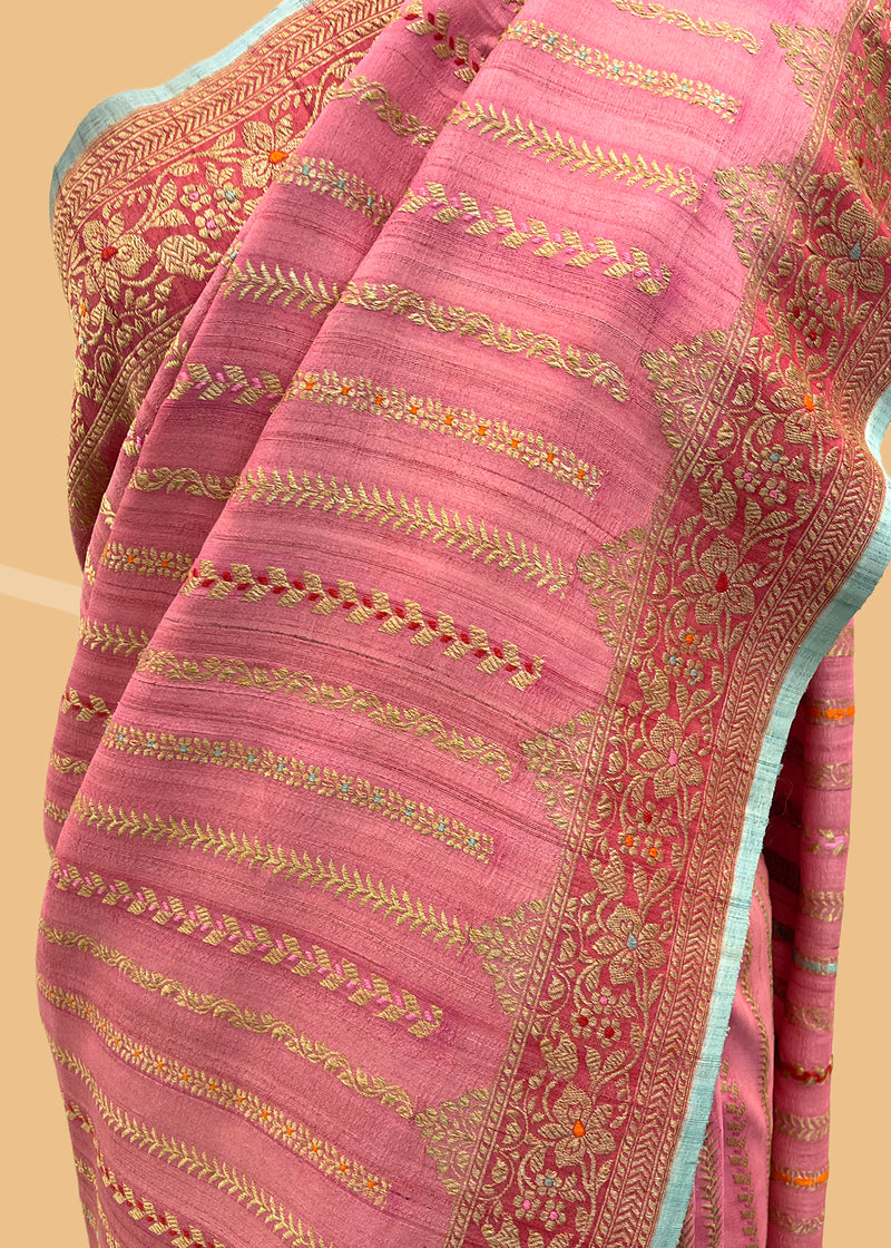 Pure Banarasi handwoven Tussar georgette salmon pink saree with woven stripes in intricate zari by Roliana Delhi