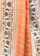 Orange pure banarasi silk saree woven with meenakari work by Roliana Weaves Shop the best collection of authentic, handwoven, pure banarasi sarees with Roliana New Delhi