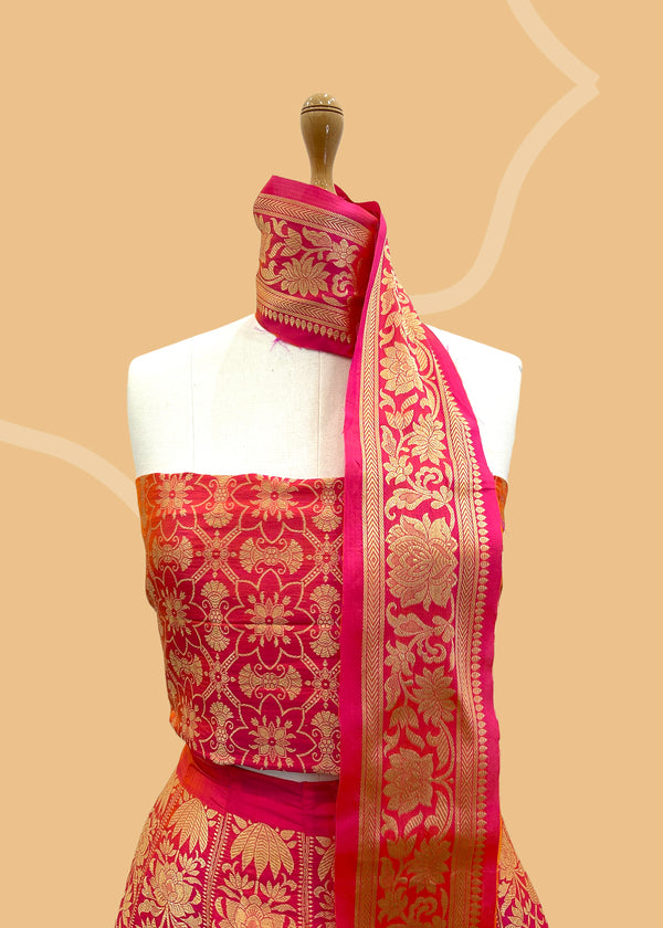 Pink Pure Silk Banarasi Handwoven Lehenga with zari detail all over By Roliana Weaves. Shop the best of Pure Benarasi sarees and lehengas at Roliana New Delhi. 